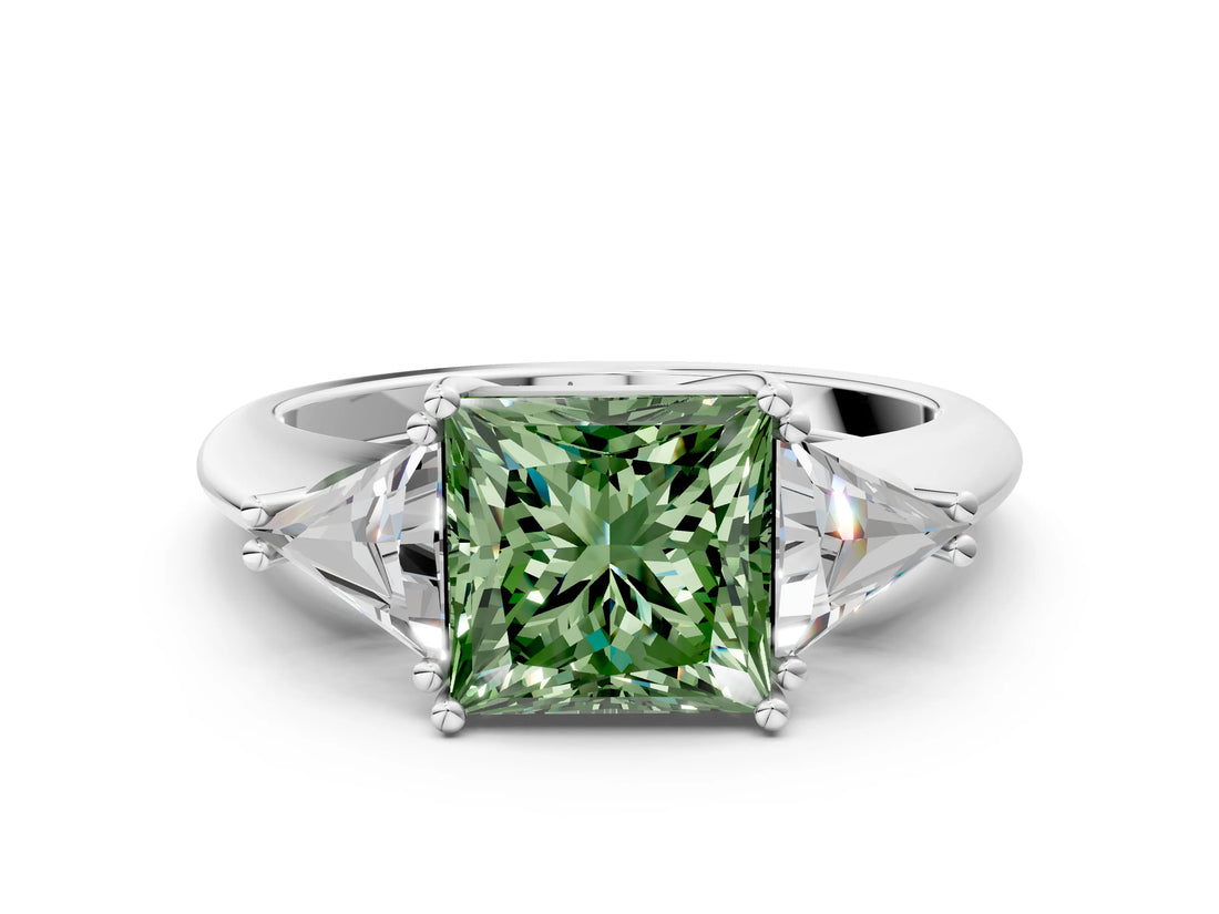 White gold Three-Stone Fancy Green Princess Cut Cut Diamond Ring with Trillion Side Stones and Four-Prong Setting_23
