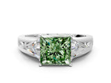 White gold Three-Stone Fancy Green Princess Cut Cut Diamond Ring with Trillion Side Stones on a Split Shank Band