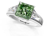 White gold Three-Stone Fancy Green Princess Cut Cut Diamond Ring with Trillion Side Stones on a Split Shank Band_1
