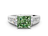 White gold Three-Stone Fancy Green Princess Cut Cut Diamond Ring with Trillion Side Stones on a Split Shank Band_6