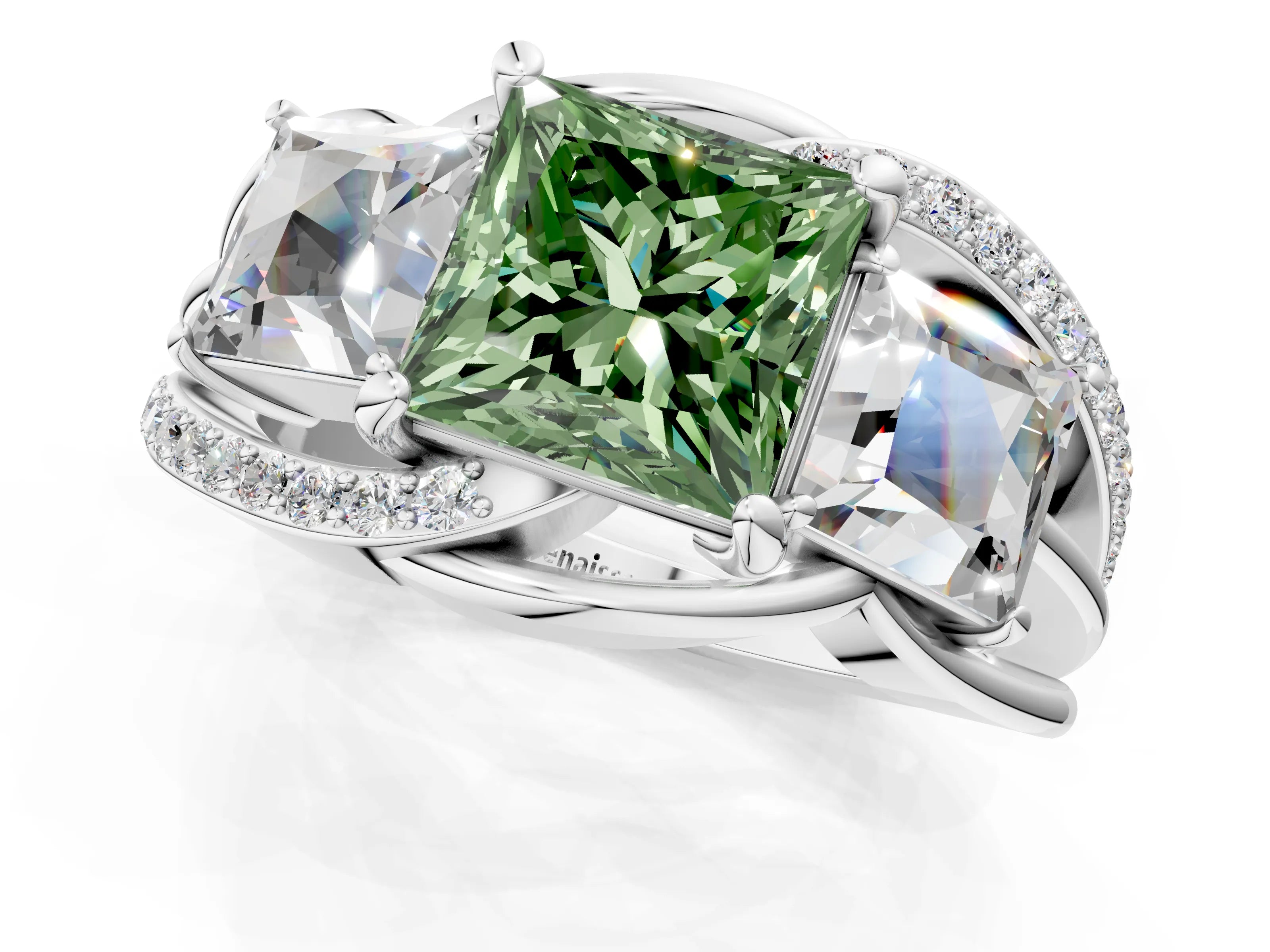 White gold Three-Stone Fancy Green Princess Cut Cut Diamond Split Shank Prong Set Ring_25