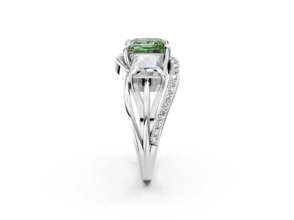 Platinum Princess Cut Three Stone Split Shank Engagement Ring Setting for Fancy Green Center