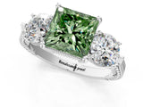 White gold Three-Stone Fancy Green Princess Cut Cut Milgrain Band Prong Setting Ring_1