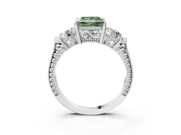 White Gold Princess Cut Vintage Three Stone Engagement Ring Setting for Fancy Green Center