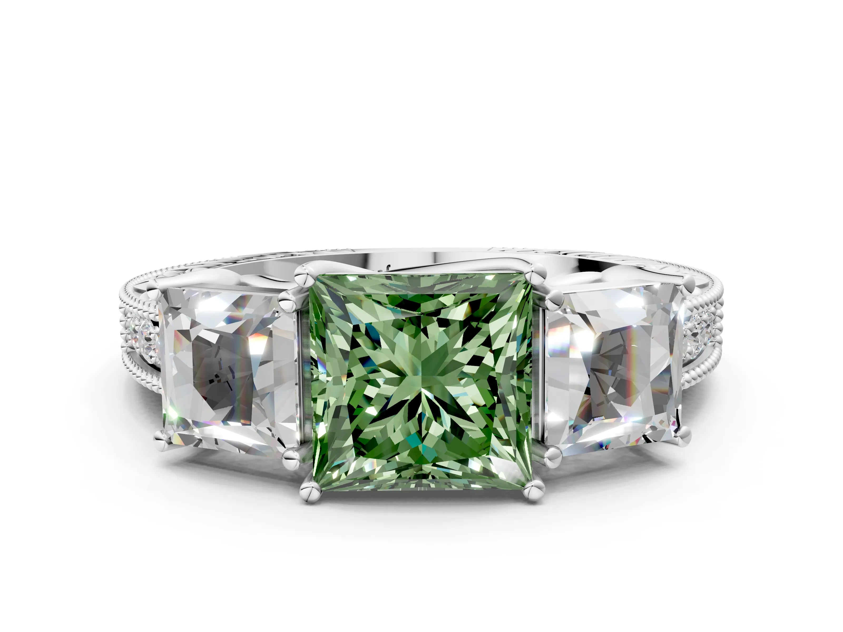 White gold Three-Stone Fancy Green Princess Cut Cut Milgrain Pavé Engagement Ring_12