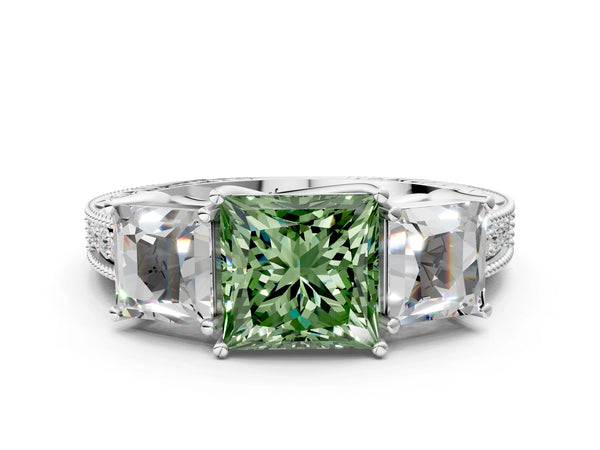 White gold Three-Stone Fancy Green Princess Cut Cut Milgrain Pavé Engagement Ring