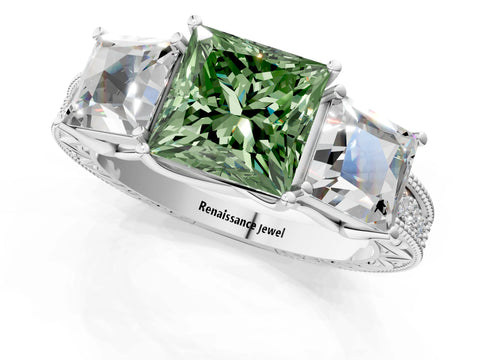 White gold Three-Stone Fancy Green Princess Cut Cut Milgrain Pavé Engagement Ring_13