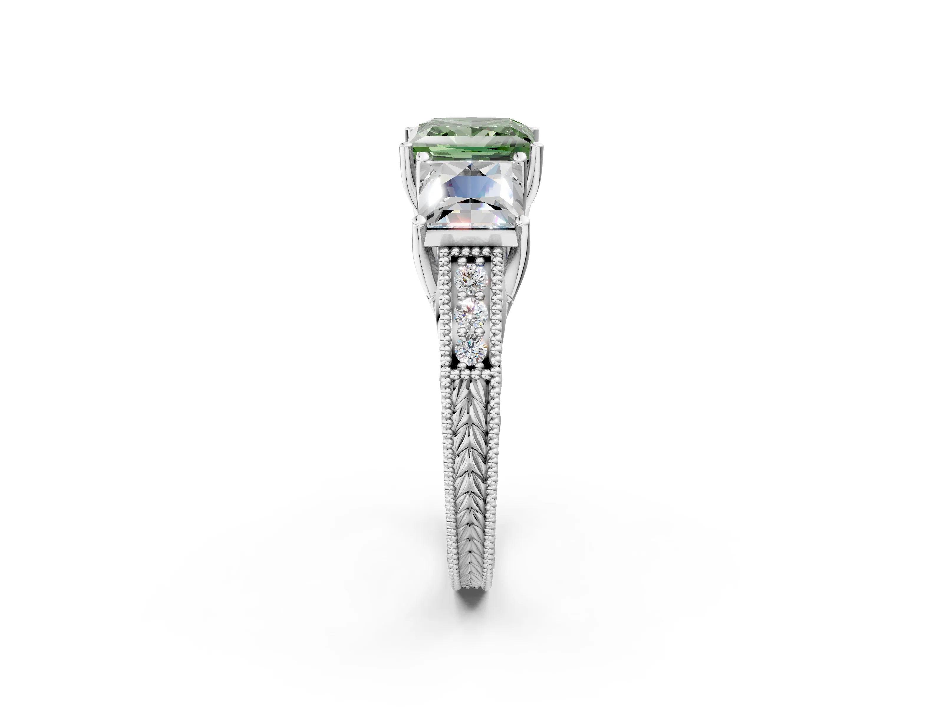 White gold Three-Stone Fancy Green Princess Cut Cut Milgrain Pavé Engagement Ring_14