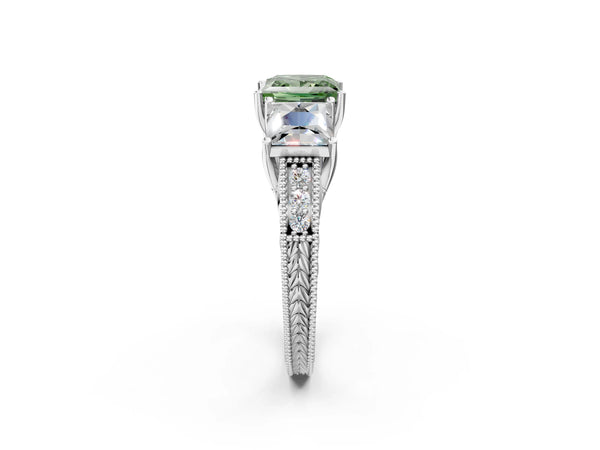 White gold Three-Stone Fancy Green Princess Cut Cut Milgrain Pavé Engagement Ring