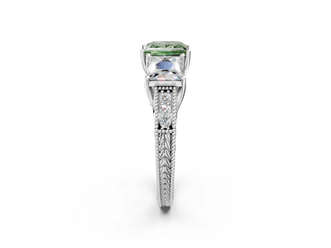 White gold Three-Stone Fancy Green Princess Cut Cut Milgrain Pavé Engagement Ring_14