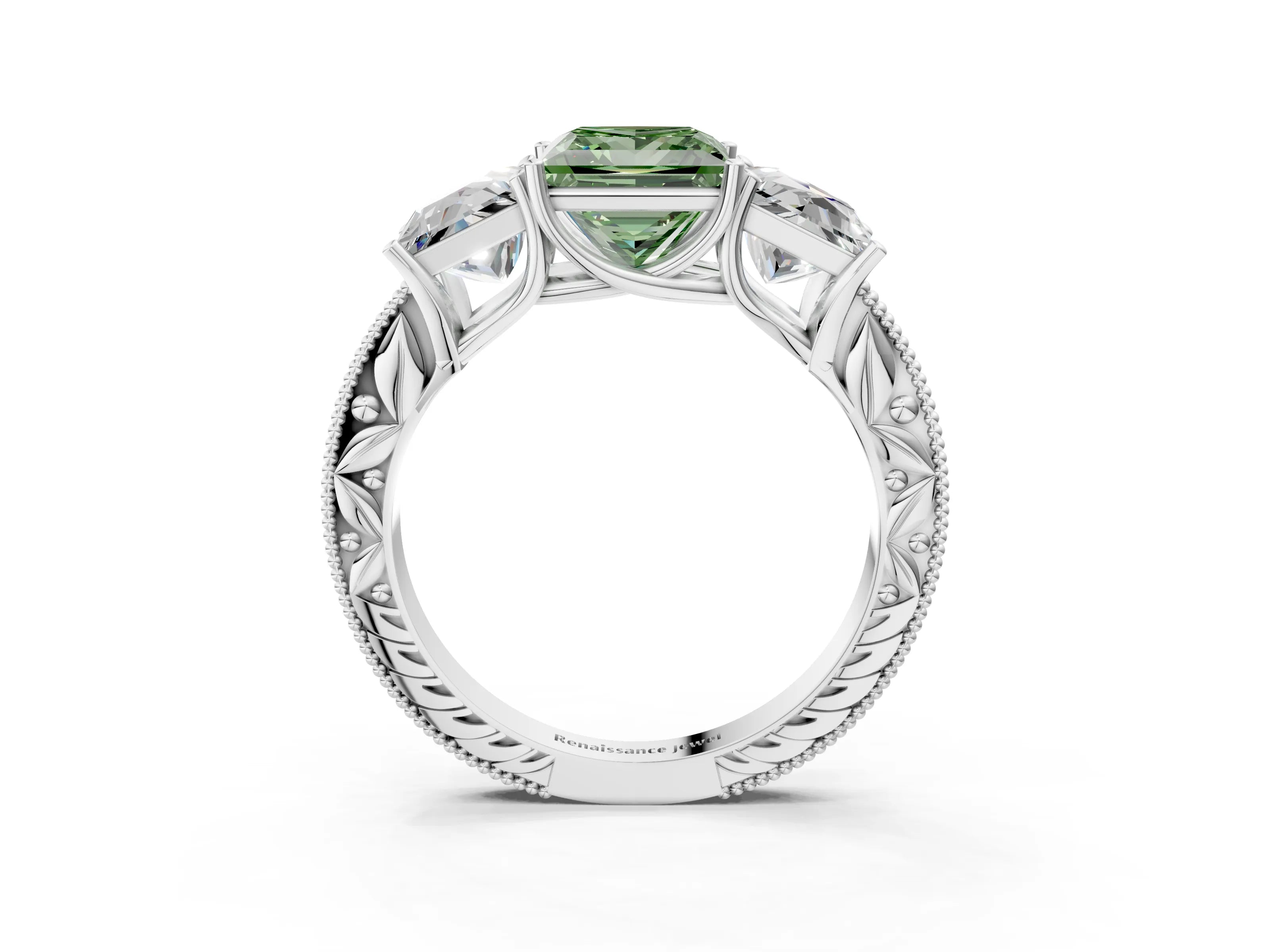 White gold Three-Stone Fancy Green Princess Cut Cut Milgrain Pavé Engagement Ring_15