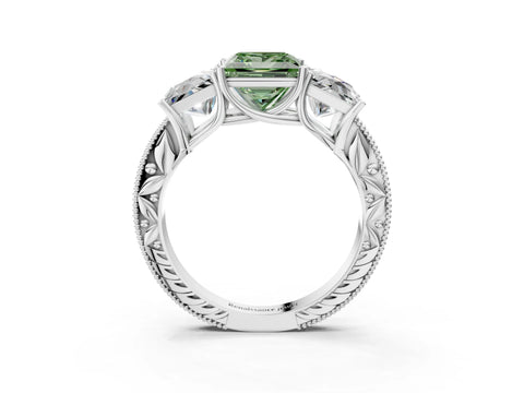 White gold Three-Stone Fancy Green Princess Cut Cut Milgrain Pavé Engagement Ring_15