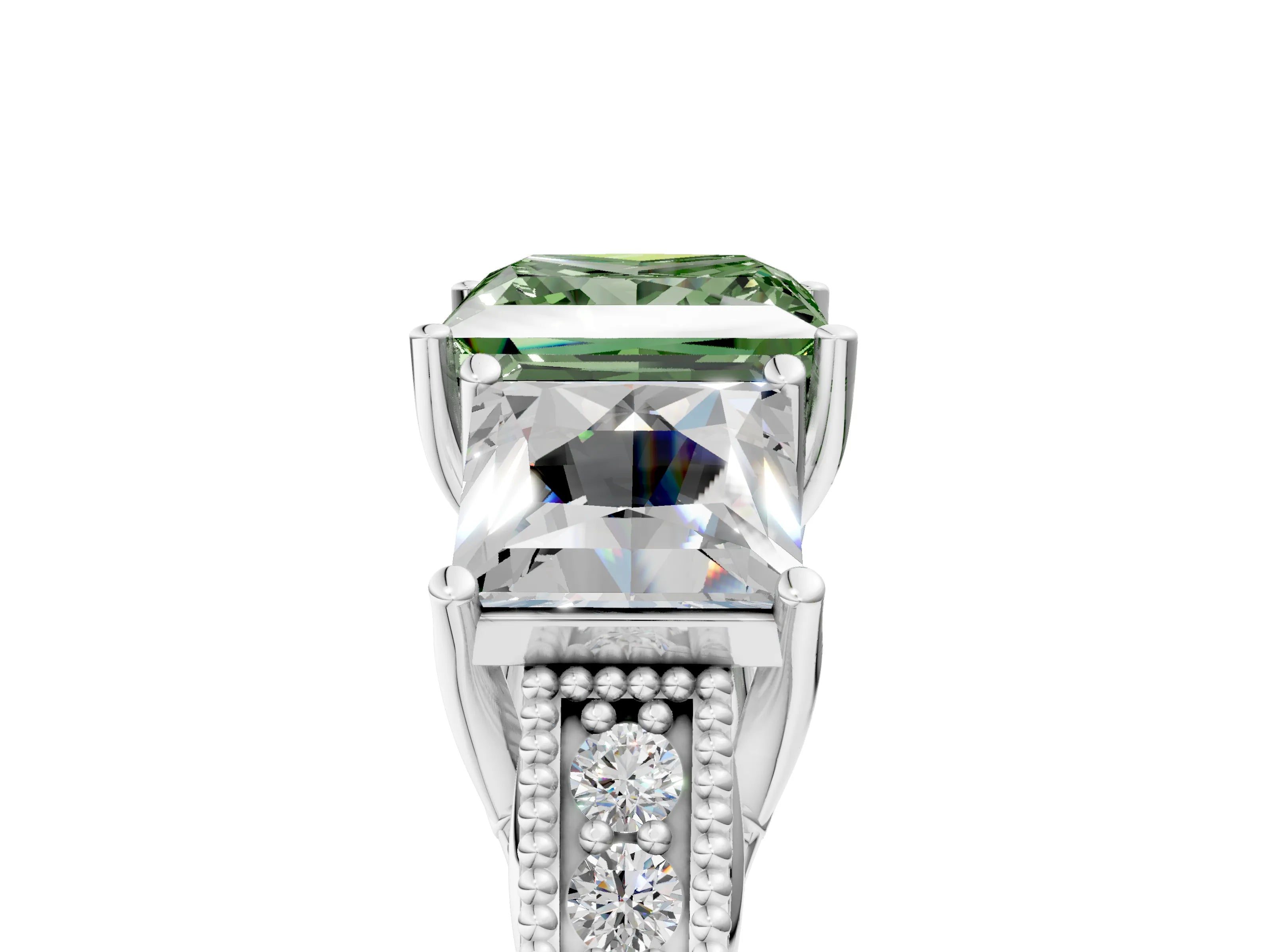 White gold Three-Stone Fancy Green Princess Cut Cut Milgrain Pavé Engagement Ring_17