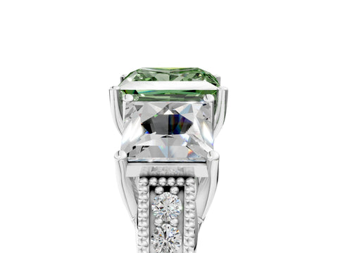 White gold Three-Stone Fancy Green Princess Cut Cut Milgrain Pavé Engagement Ring_17