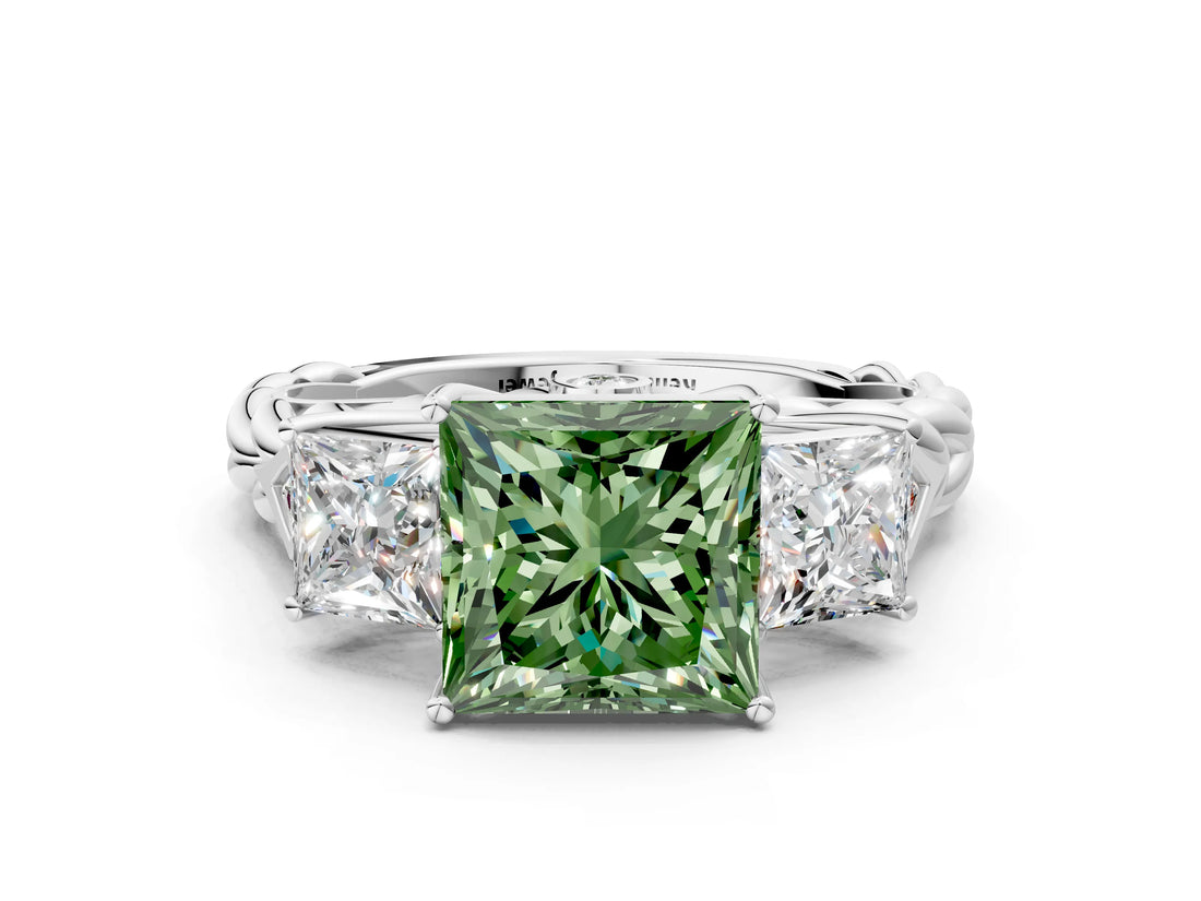 White gold Three-Stone Fancy Green Princess Cut Diamond Braided Band Ring with Four-Prong Setting_34
