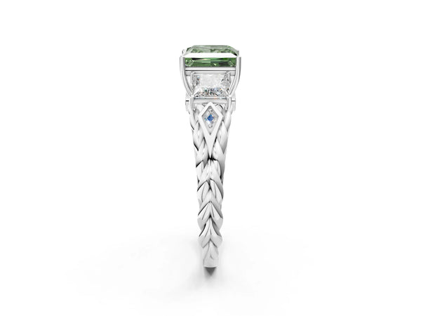 White gold Three-Stone Fancy Green Princess Cut Diamond Braided Band Ring with Four-Prong Setting