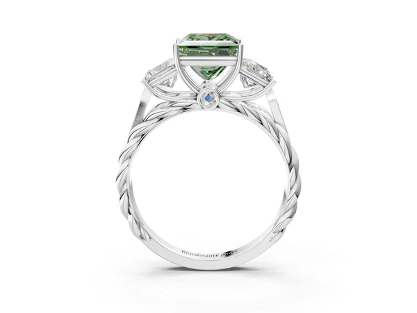 White gold Three-Stone Fancy Green Princess Cut Diamond Braided Band Ring with Four-Prong Setting