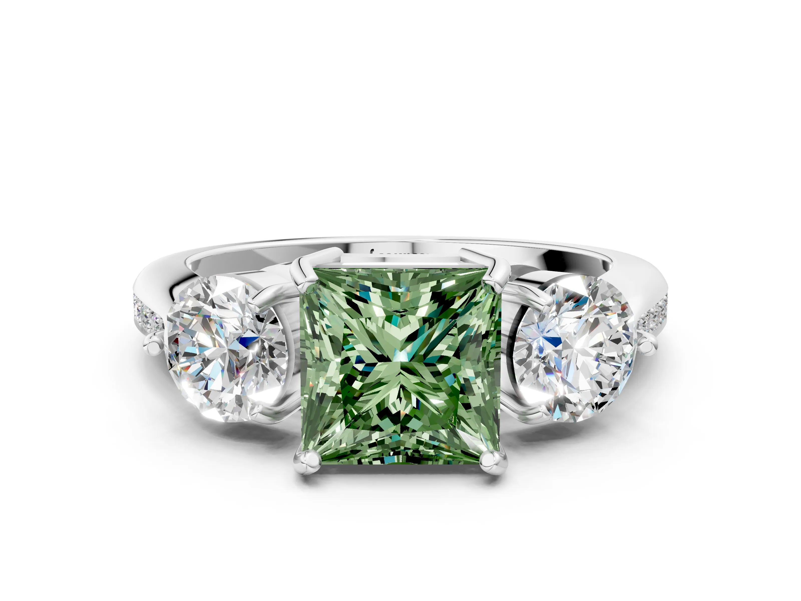 White gold Three-Stone Fancy Green Princess Cut Diamond Channel Set Engagement Ring with Prong Setting_12
