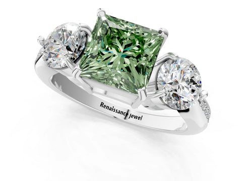 White gold Three-Stone Fancy Green Princess Cut Diamond Channel Set Engagement Ring with Prong Setting_13
