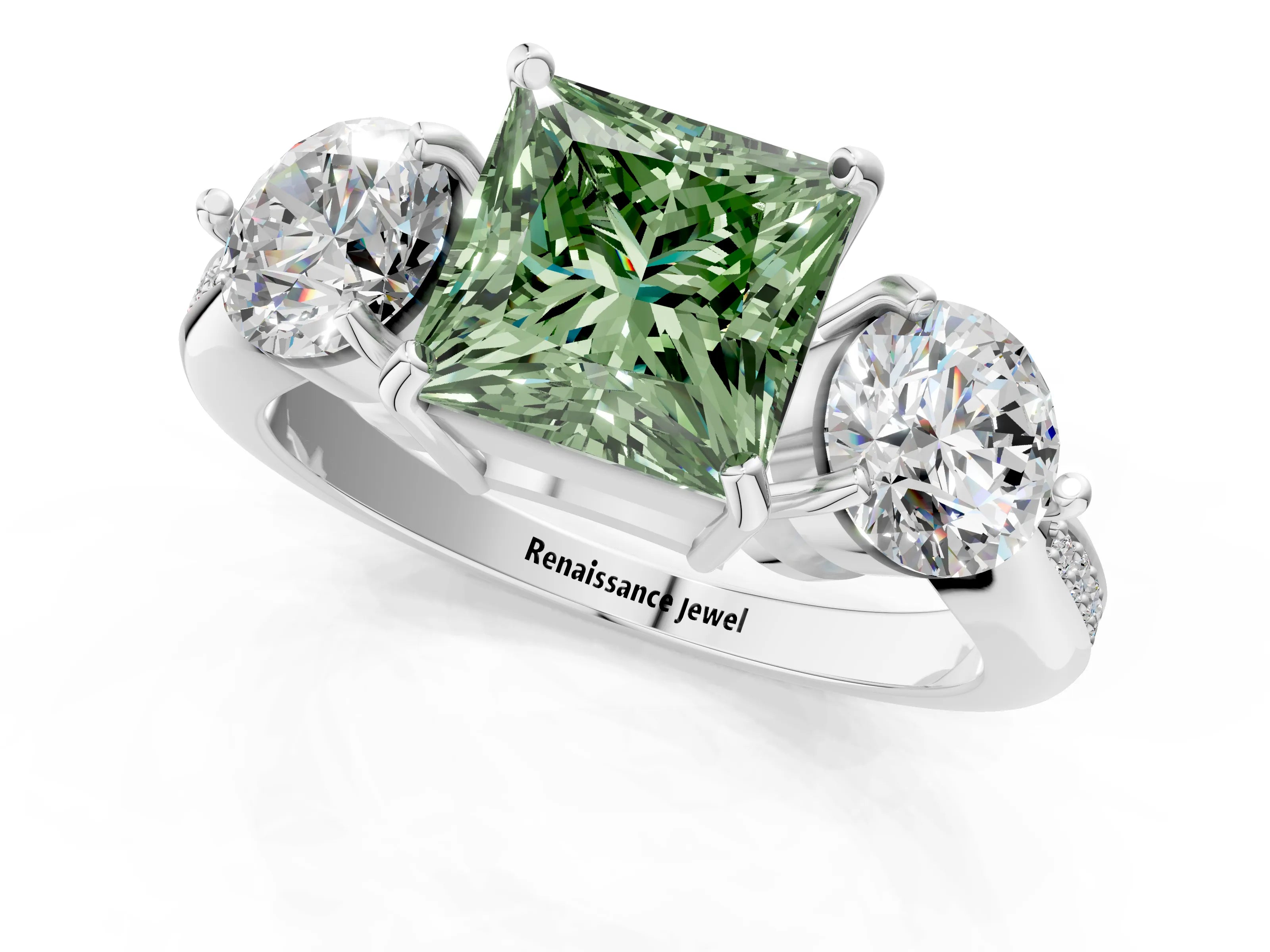 White gold Three-Stone Fancy Green Princess Cut Diamond Channel Set Engagement Ring with Prong Setting_13