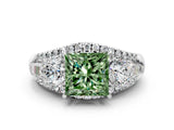 White gold Three-Stone Fancy Green Princess Cut Diamond Engagement Ring with Pave Band and Prong Setting_12