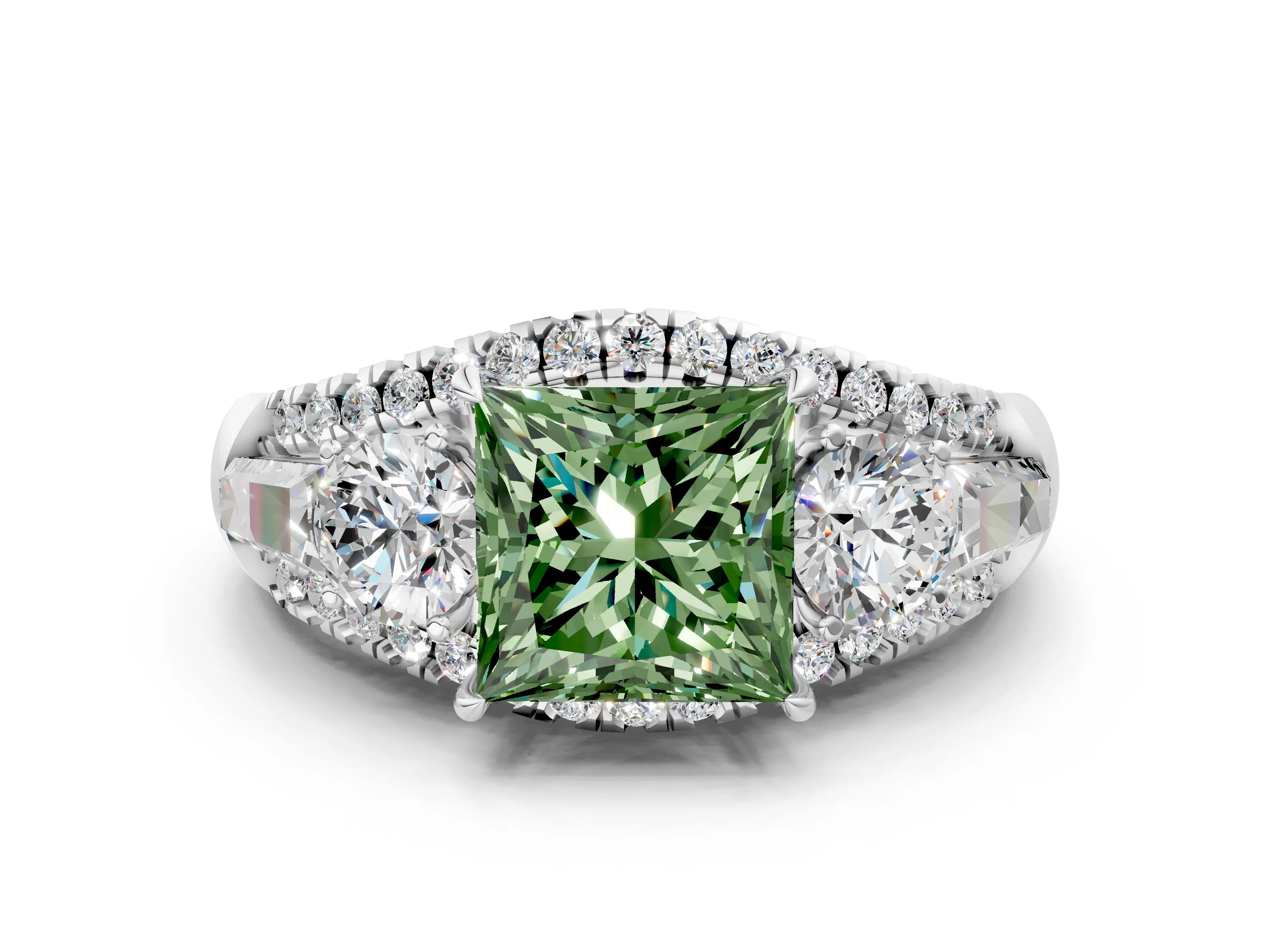 White gold Three-Stone Fancy Green Princess Cut Diamond Engagement Ring with Pave Band and Prong Setting_12