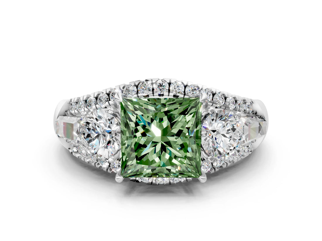White gold Three-Stone Fancy Green Princess Cut Diamond Engagement Ring with Pave Band and Prong Setting_12
