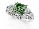 White gold Three-Stone Fancy Green Princess Cut Diamond Engagement Ring with Pave Band and Prong Setting_13