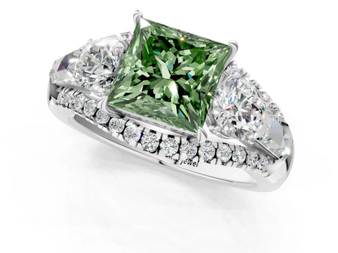 White gold Three-Stone Fancy Green Princess Cut Diamond Engagement Ring with Pave Band and Prong Setting_13