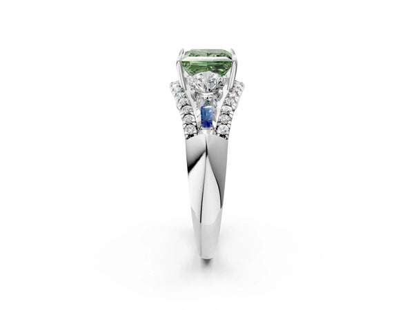 White gold Three-Stone Fancy Green Princess Cut Diamond Engagement Ring with Pave Band and Prong Setting
