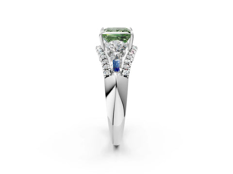 White gold Three-Stone Fancy Green Princess Cut Diamond Engagement Ring with Pave Band and Prong Setting_14