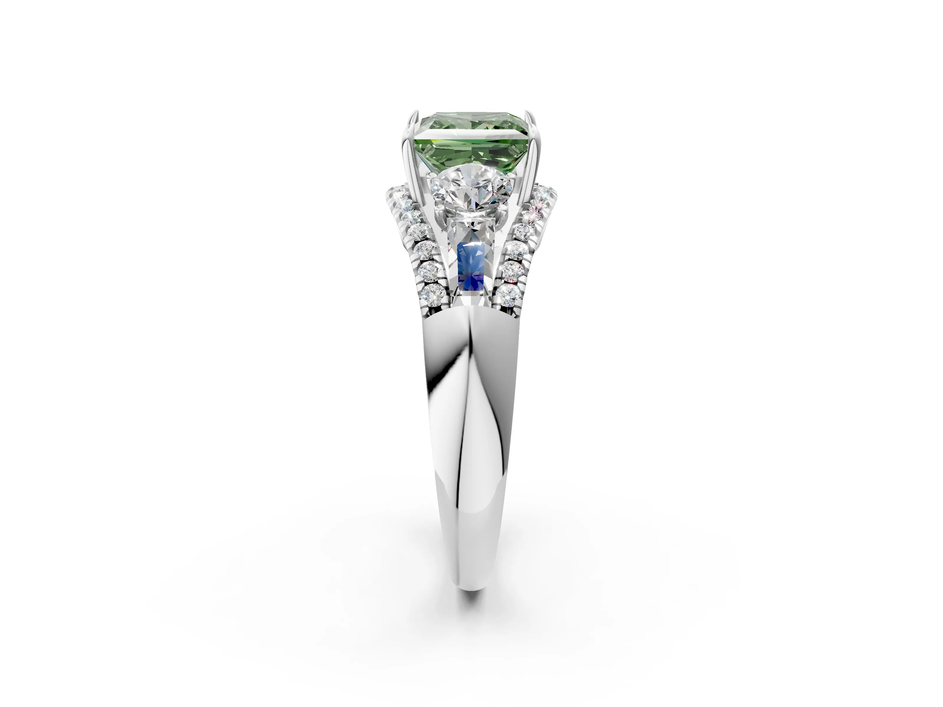 White gold Three-Stone Fancy Green Princess Cut Diamond Engagement Ring with Pave Band and Prong Setting_14