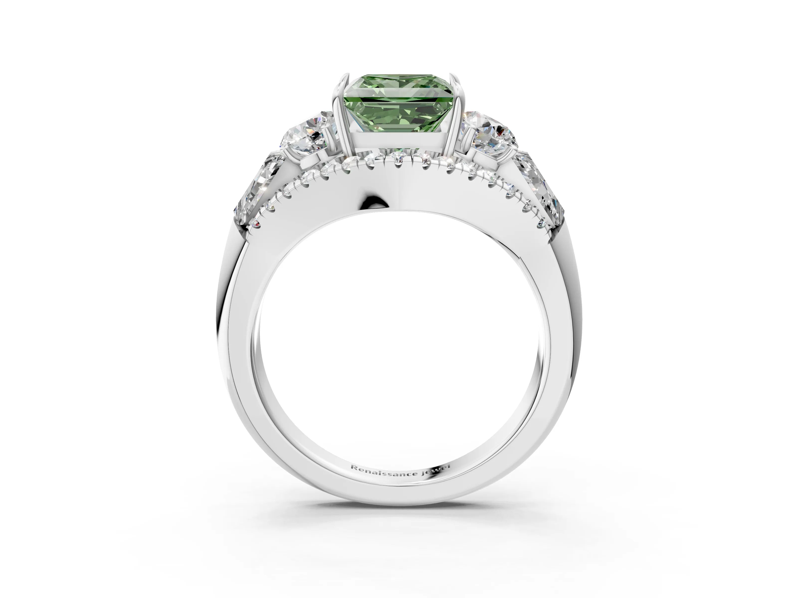 White gold Three-Stone Fancy Green Princess Cut Diamond Engagement Ring with Pave Band and Prong Setting_15