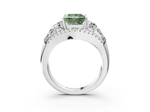 White gold Three-Stone Fancy Green Princess Cut Diamond Engagement Ring with Pave Band and Prong Setting