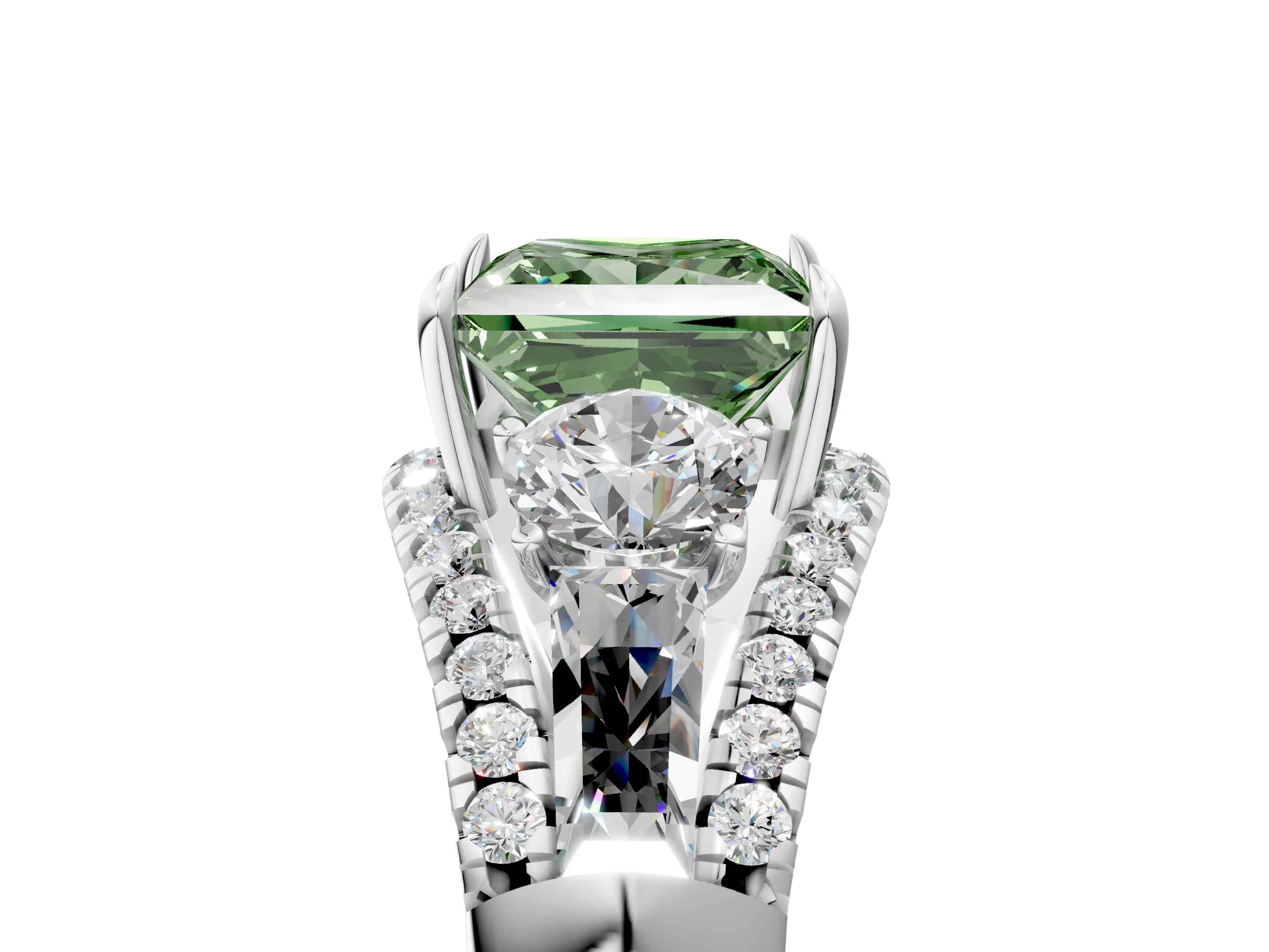 White gold Three-Stone Fancy Green Princess Cut Diamond Engagement Ring with Pave Band and Prong Setting_17