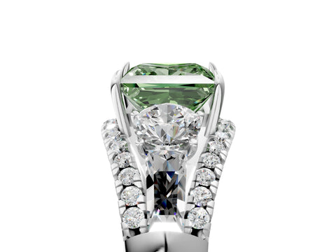White gold Three-Stone Fancy Green Princess Cut Diamond Engagement Ring with Pave Band and Prong Setting_17