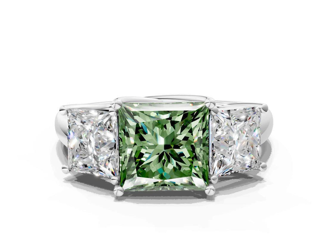 White gold Three-Stone Fancy Green Princess Cut Diamond Engagement Ring with Prong Setting_15