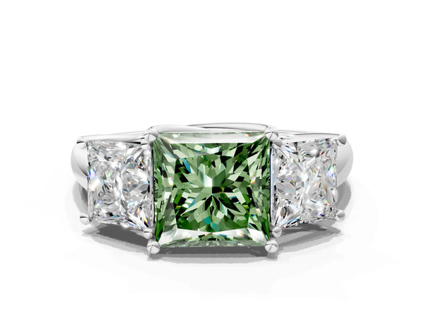 White gold Three-Stone Fancy Green Princess Cut Diamond Engagement Ring with Prong Setting