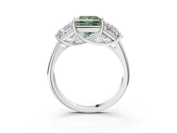 White gold Three-Stone Fancy Green Princess Cut Diamond Engagement Ring with Prong Setting