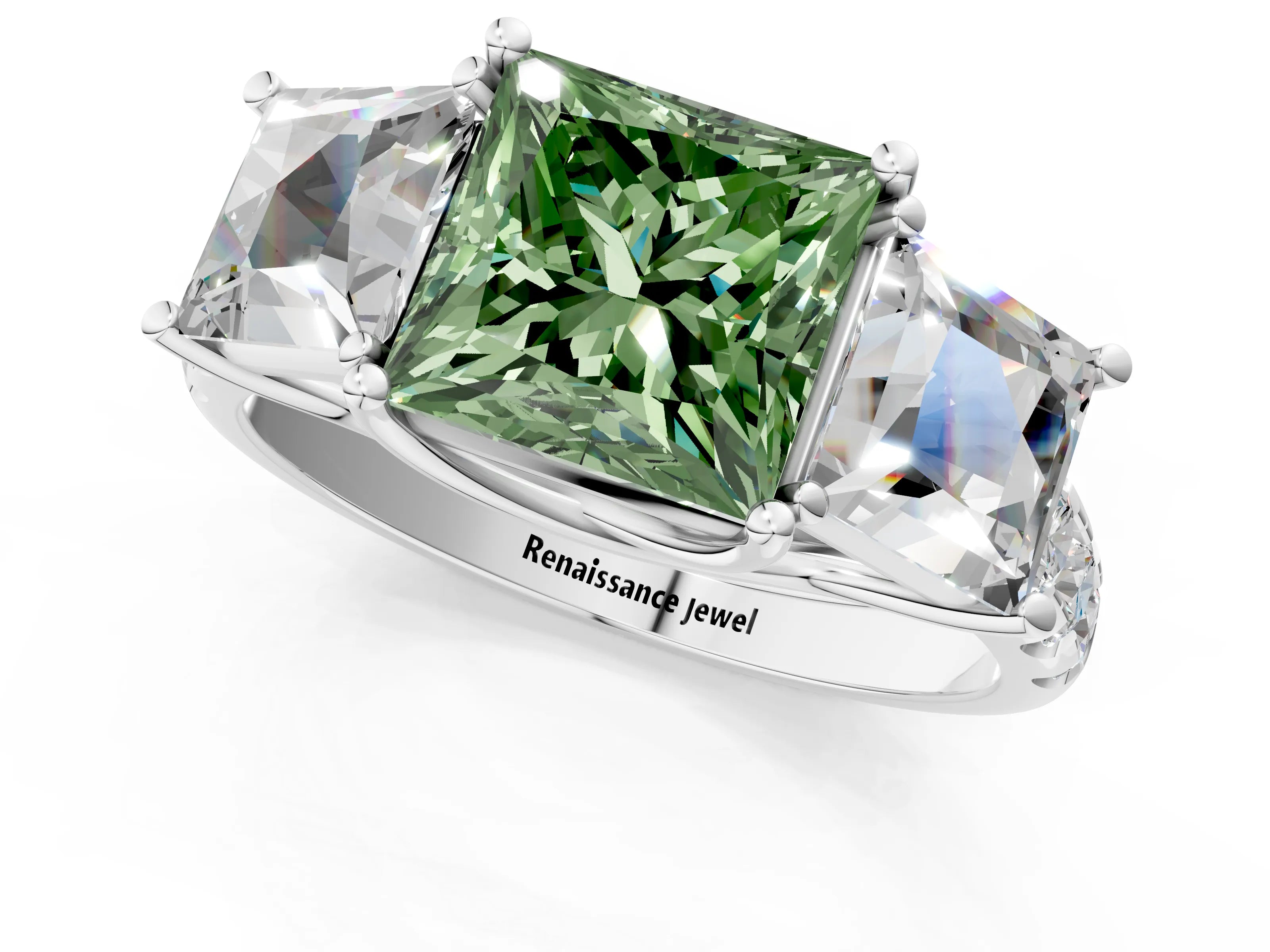 White gold Three-Stone Fancy Green Princess Cut Diamond Pavé Band with Prong Setting_1