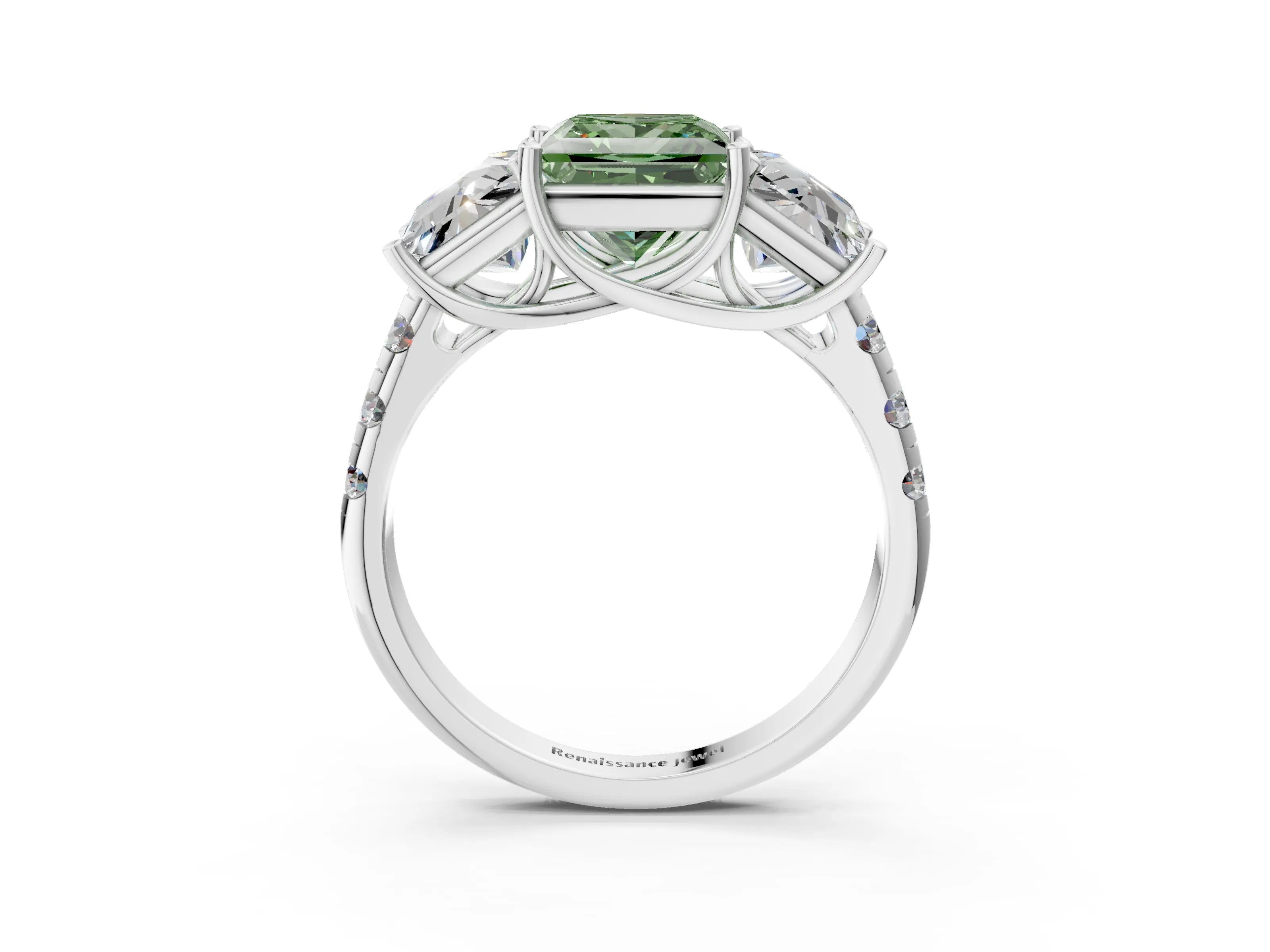 White gold Three-Stone Fancy Green Princess Cut Diamond Pavé Band with Prong Setting_15