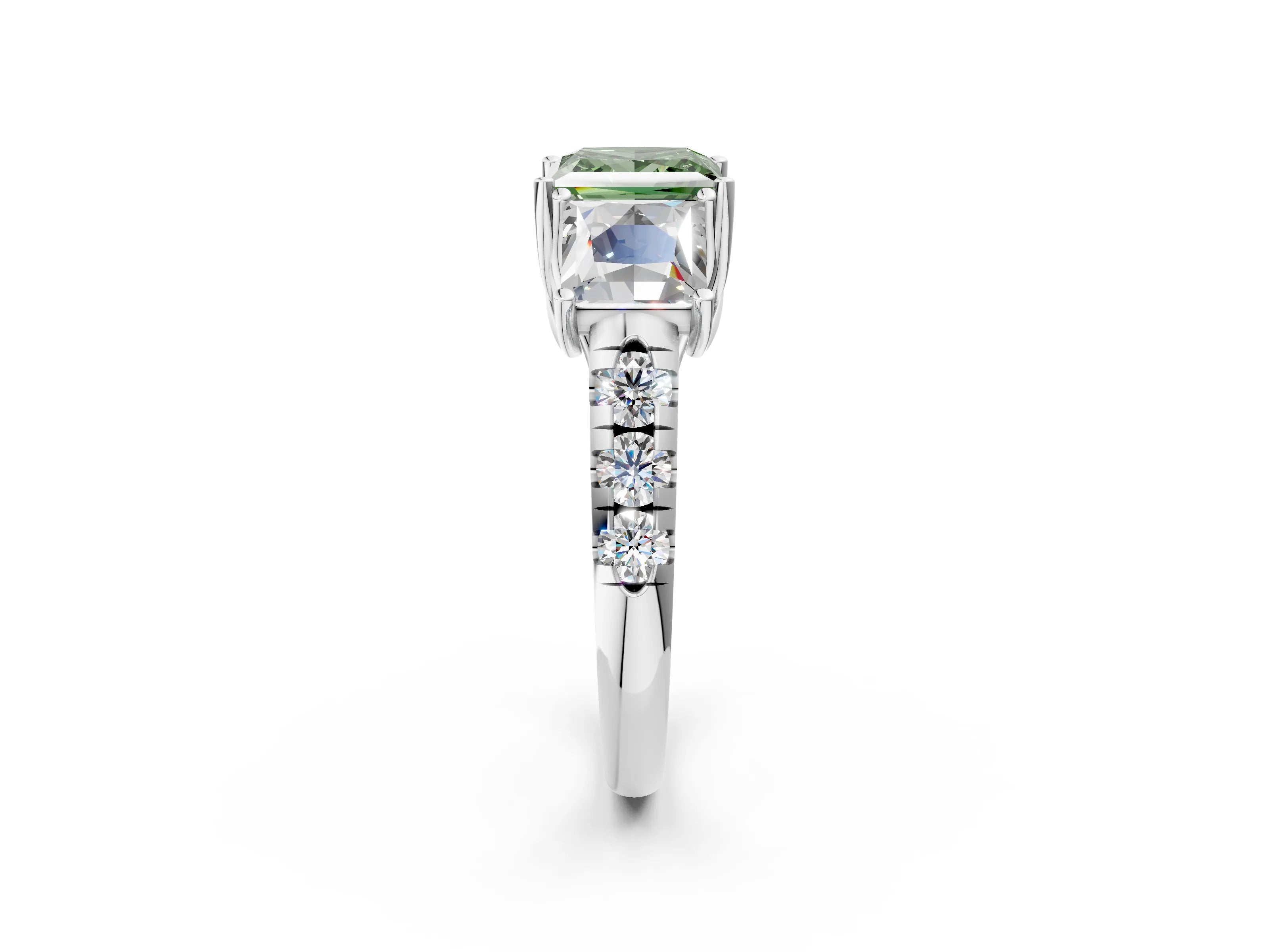White gold Three-Stone Fancy Green Princess Cut Diamond Pavé Band with Prong Setting_2