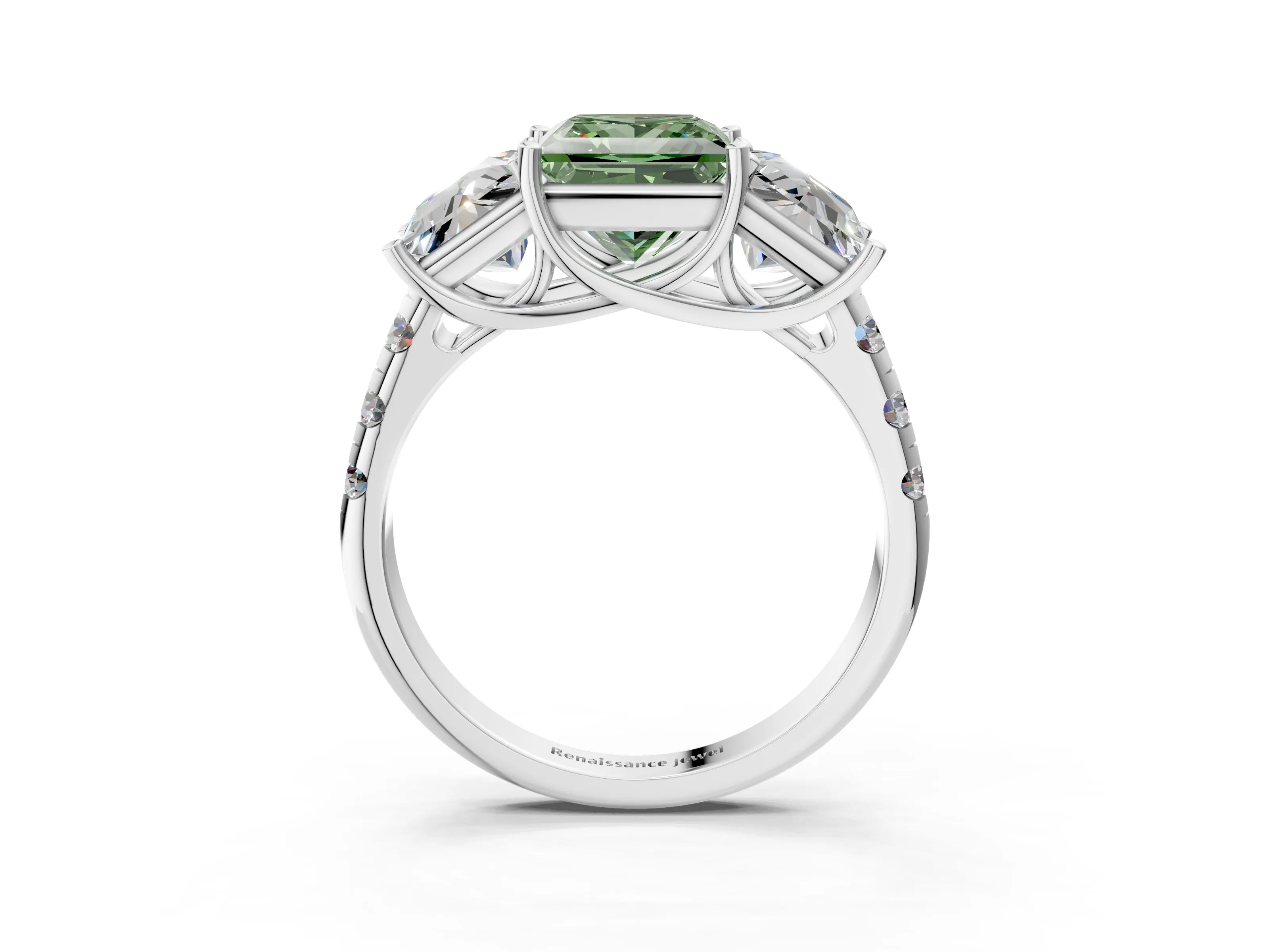 White gold Three-Stone Fancy Green Princess Cut Diamond Pavé Band with Prong Setting_22