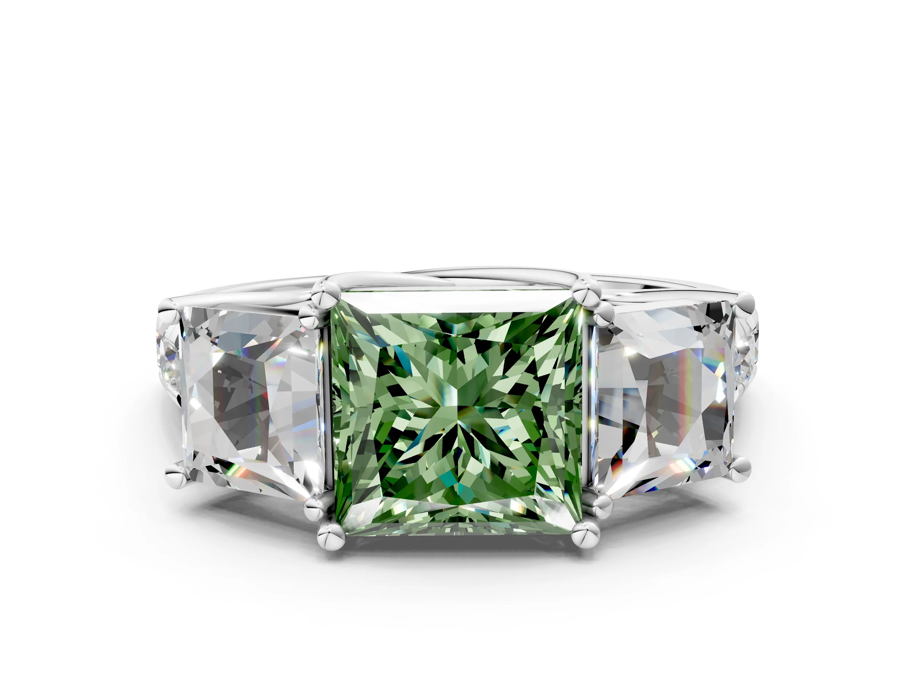 White gold Three-Stone Fancy Green Princess Cut Diamond Pavé Band with Prong Setting_24