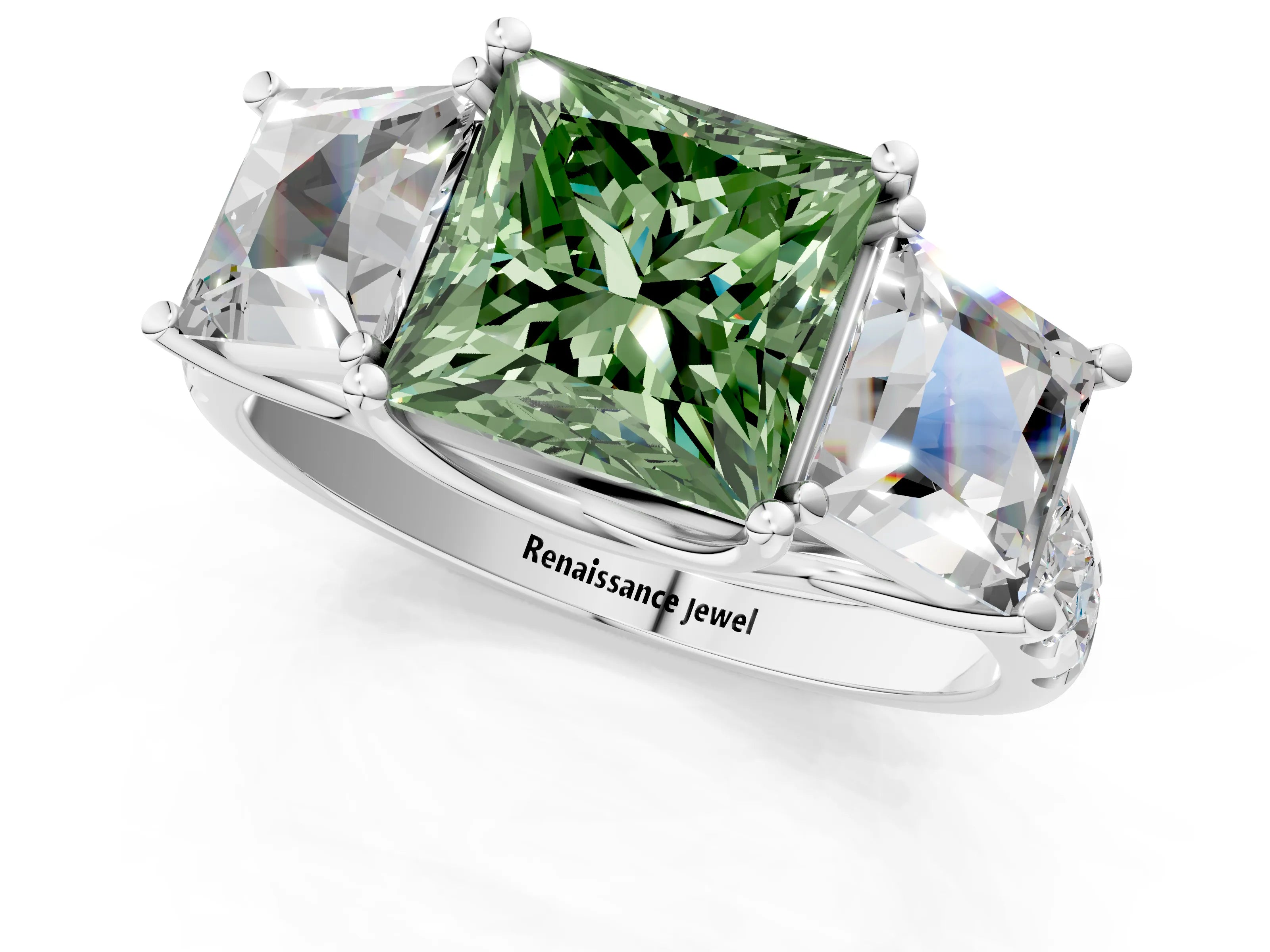 White gold Three-Stone Fancy Green Princess Cut Diamond Pavé Band with Prong Setting_31