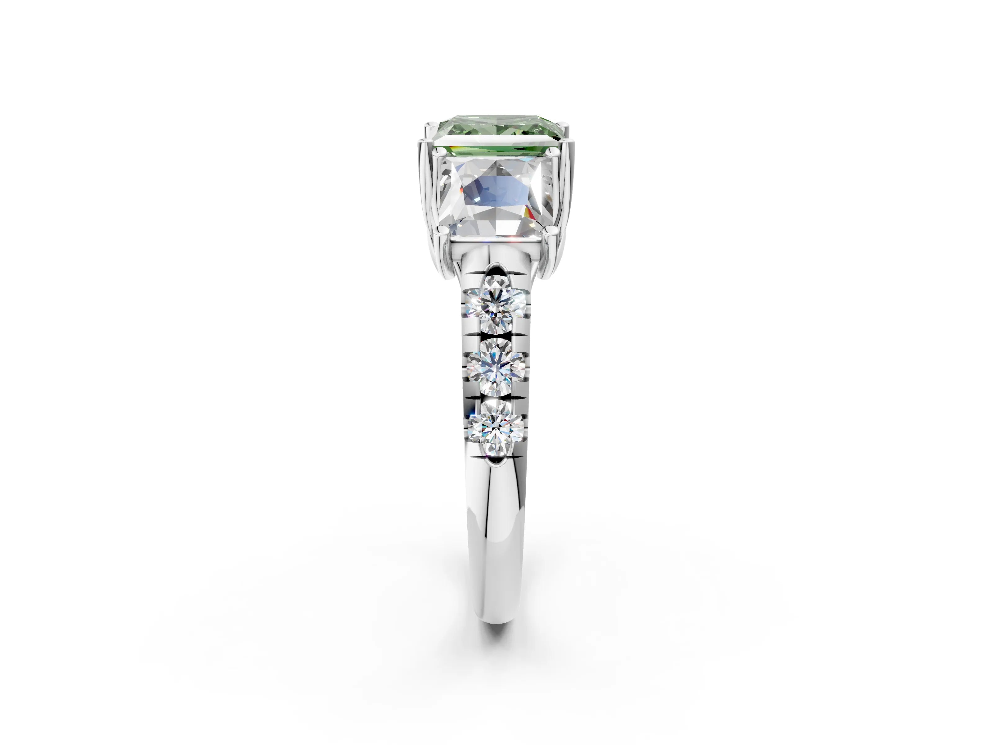 White gold Three-Stone Fancy Green Princess Cut Diamond Pavé Band with Prong Setting_32