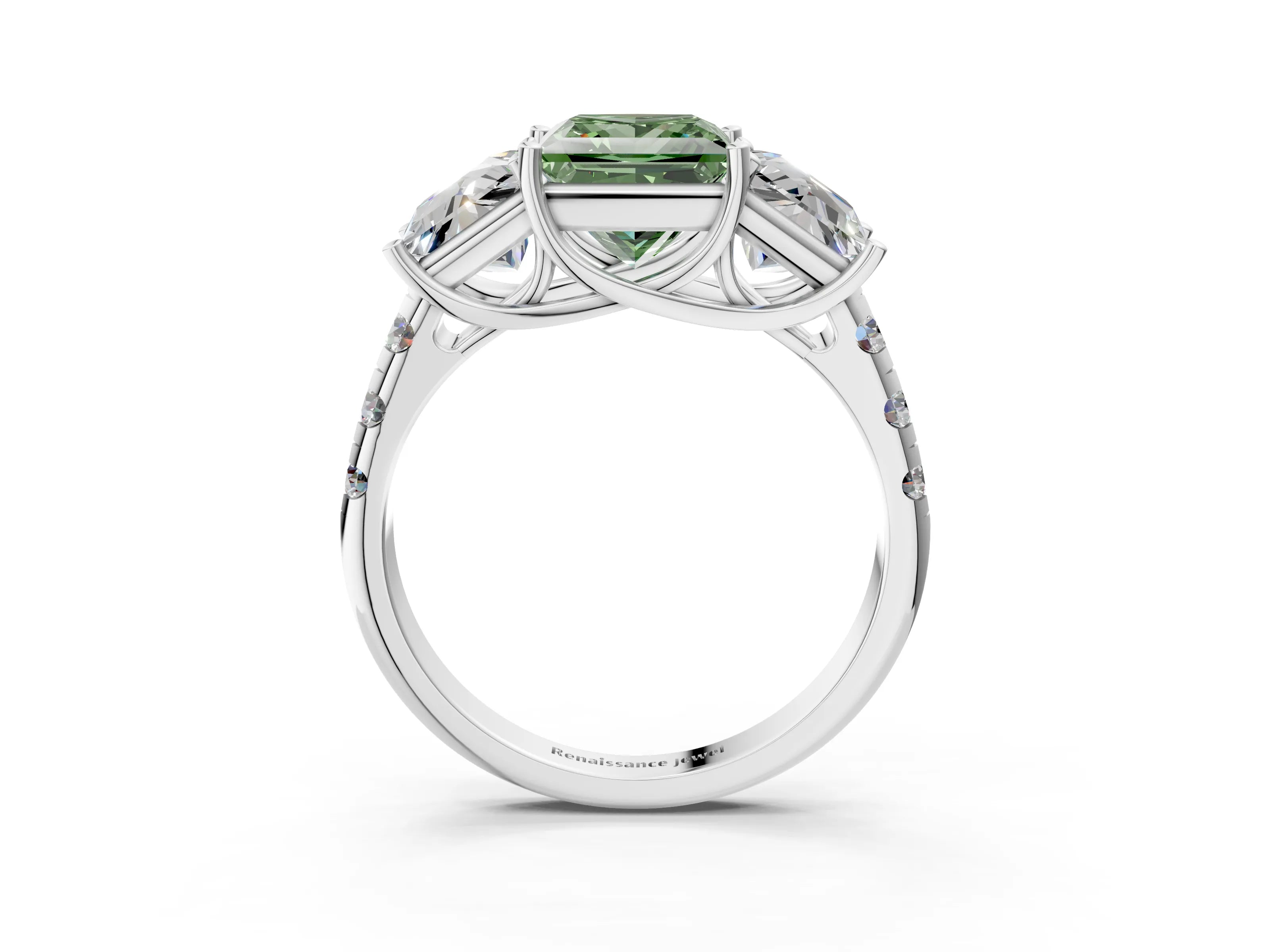 White gold Three-Stone Fancy Green Princess Cut Diamond Pavé Band with Prong Setting_33