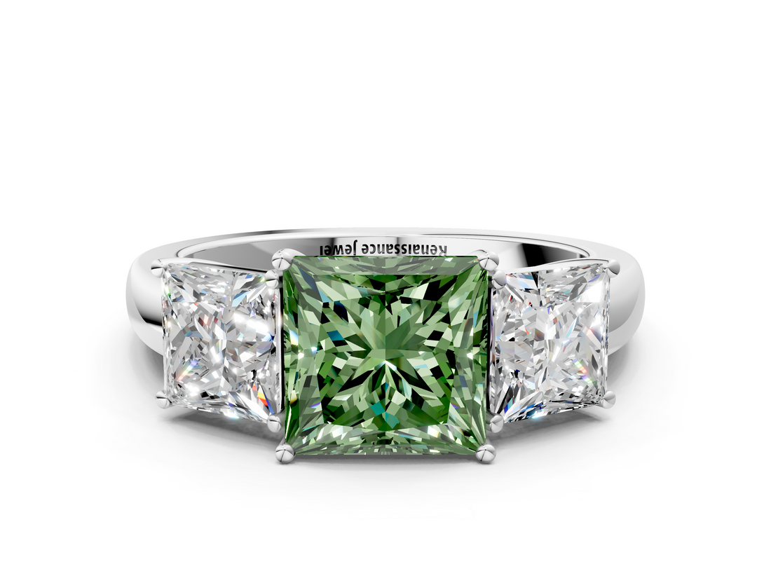 White gold Three-Stone Fancy Green Princess  Cut Diamond Ring with Channel-Set Band and Four-Prong Setting_22