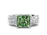 White gold Three-Stone Fancy Green Princess Cut Diamond Ring with Pavé Band and Prong Setting_95