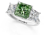 White gold Three-Stone Fancy Green Princess Cut Diamond Ring with Pavé Band and Prong Setting_96